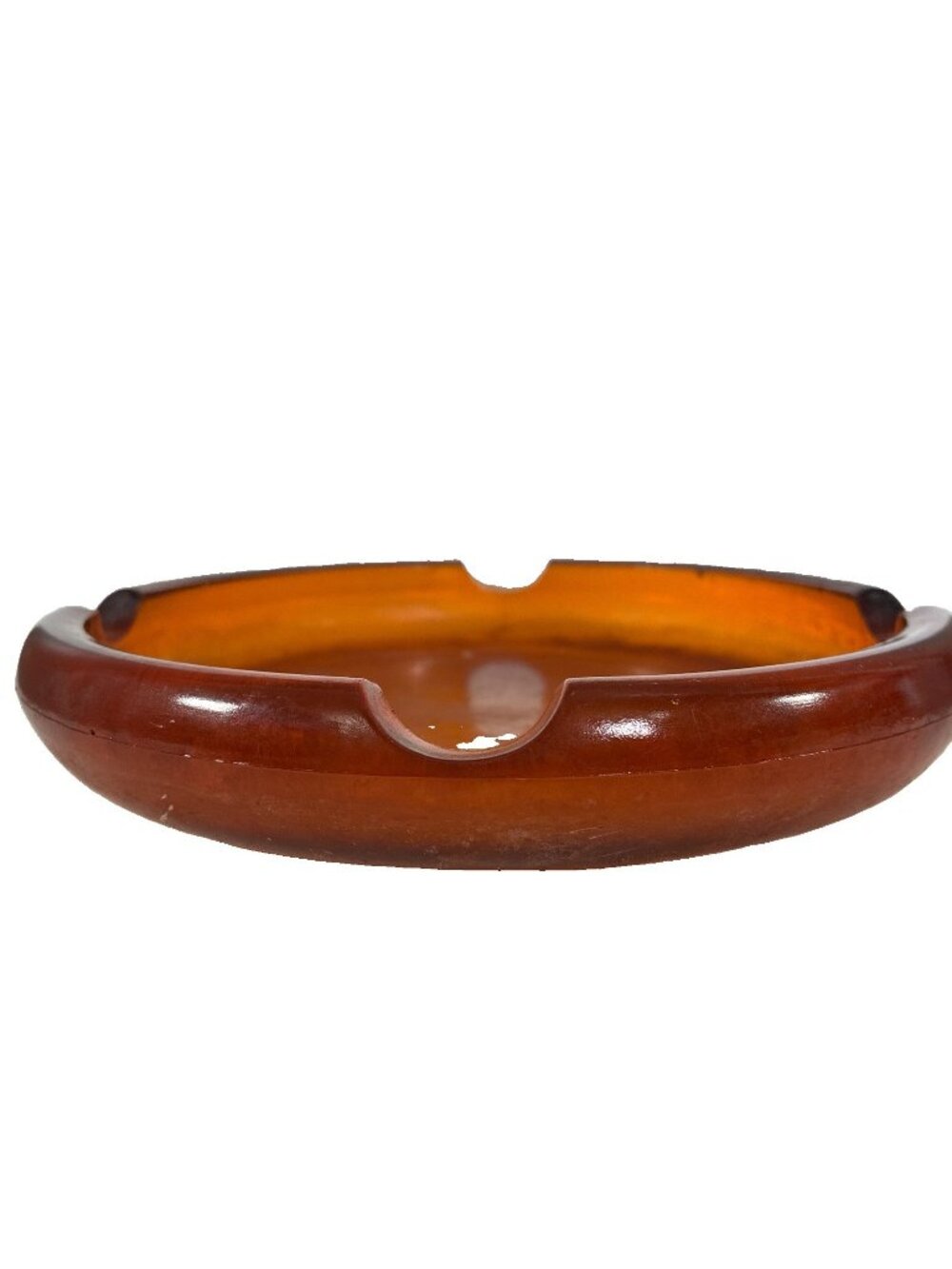 Heavy Vintage Amber Glass Ashtray 8 Inch Round 4 Slot Mid Century Modern Cigar